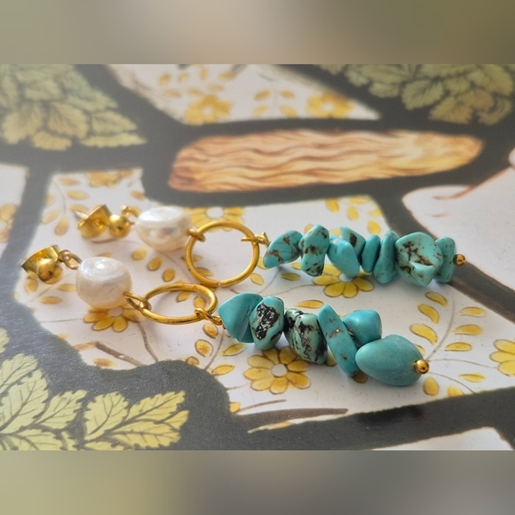 2 /$40 Turquoise Dtones Freshwater Pearl On Post Style Gold Dangle Earrings - Picture 2 of 6